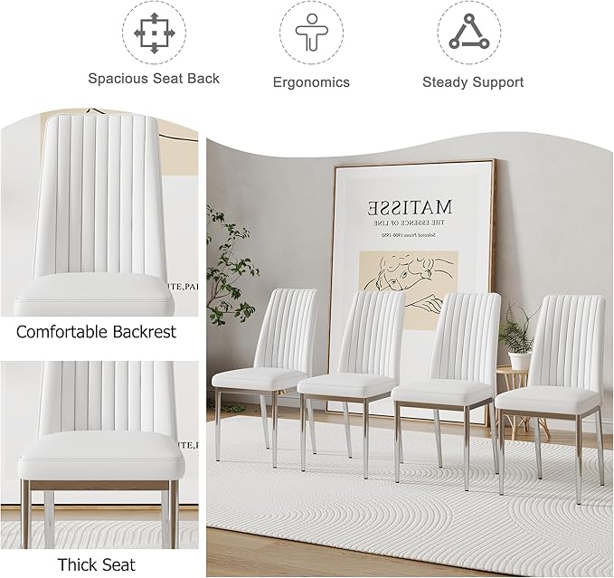 Modern Dining Chairs Set of 6,Dining Room Chairs Set of 6 with PU Leather and Chrome Leg High Back, Metal Chairs Sillas para Comedor Set de 6 for Kitchen, Living Room (WH-6)