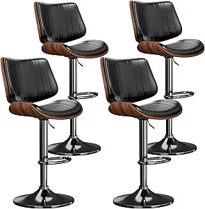 Swivel Bar Stools Set of 4, Adjustable Bentwood Barstools for Kitchen Counter, Modern PU Leather Upholstered Bar Chair with Back and Footrest, for Kitchen Island, Bar, Dining Room, Black
