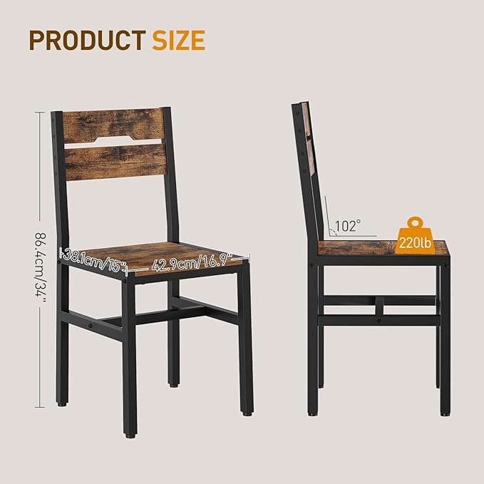 Dining Chairs Set of 6, Rustic Wooden Kitchen Chairs with Backrests and Metal Frame, Modern Farmhouse Dinner Chairs for Kitchen, Easy Assembly, Living Room, Dining Room, Rustic Brown and Black