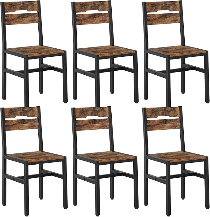 Dining Chairs Set of 6, Rustic Wooden Kitchen Chairs with Backrests and Metal Frame, Modern Farmhouse Dinner Chairs for Kitchen, Easy Assembly, Living Room, Dining Room, Rustic Brown and Black