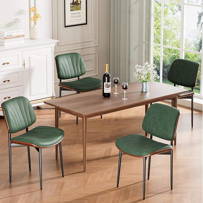 Dining Chairs Set of 4, Mid-Century Modern Upholstered PU Leather Chairs with Walnut Bentwood Back and Metal Legs Adjustable Feet for Kitchen Dining Room, Dark Green Shell Strips